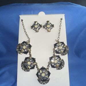 Gold Tone Art Deco Necklace & Earrings Clear Peach Faux Onyx And Opal Crystals